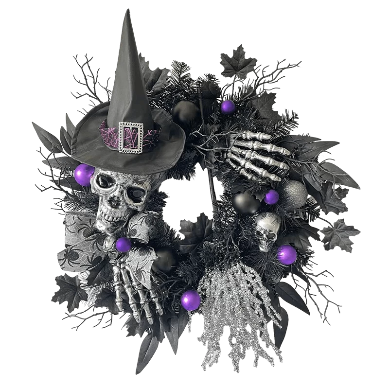 Китай Senmasine 24-дюймовый венок на Хэллоуин с черным пауком и бантом в полоску, ноги, блестящая метла, жуткая страшная голова скелета, рука, шляпа ведьмы производителя