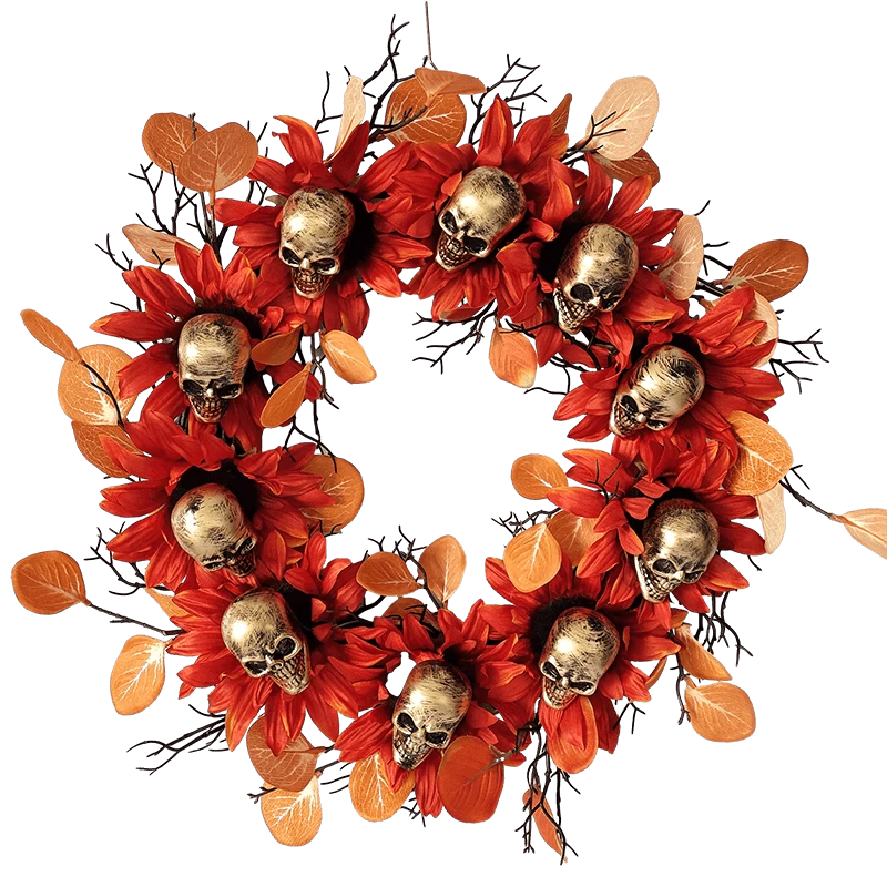中国 Senmasine 24 英寸头骨万圣节花环带黑色死枝向日葵幽灵恐怖装饰 制造商