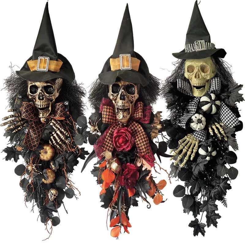 porcelana Corona Senmasine de 32x13 pulgadas, botín de Halloween con cabeza de esqueleto espeluznante, sombrero de bruja de mano, lazo de calabaza fabricante