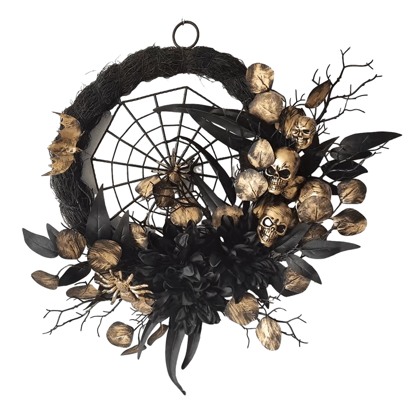 الصين سينماسين 20 بوصة إكليل الهالوين ديكور مع شبكة عنكبوتية مخيفة هيكل عظمي رأس أسود زهور صناعية كبيرة الصانع