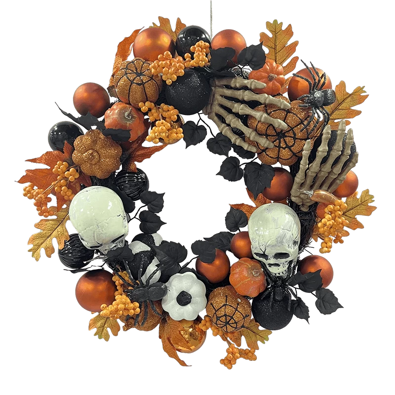 porcelana Senmasine-corona de Halloween de 22 pulgadas para puerta delantera, adornos naranjas, bayas, Hojas de arce, purpurina, calabaza, araña, cabeza de esqueleto, mano fabricante