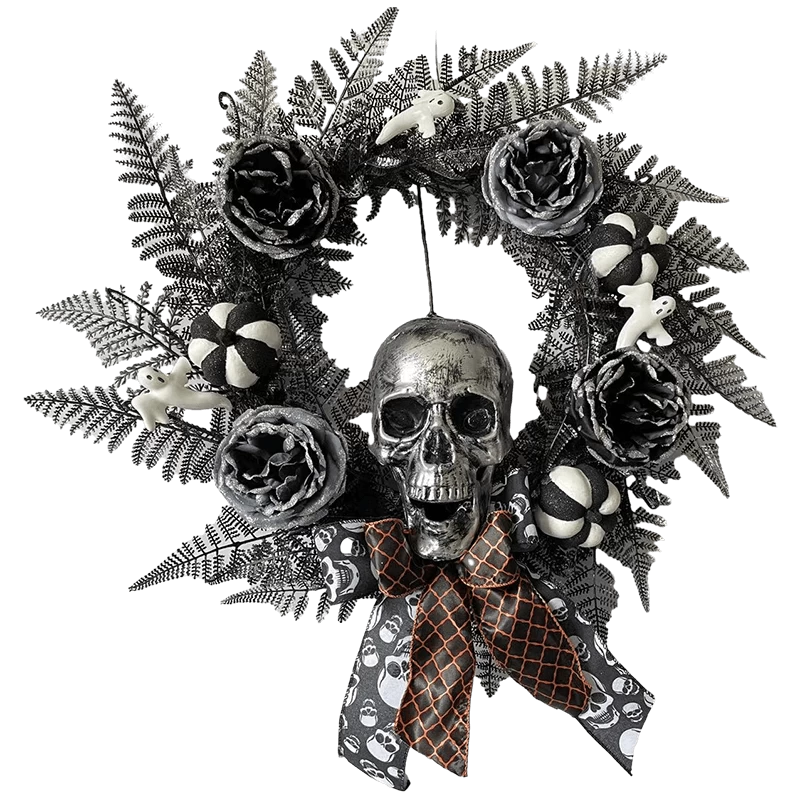 Chiny Senmasine 24-calowy Halloween Głowa szkieletu Wieniec z duchem Czarne liście dyni Kwiaty Różowe kokardki producent