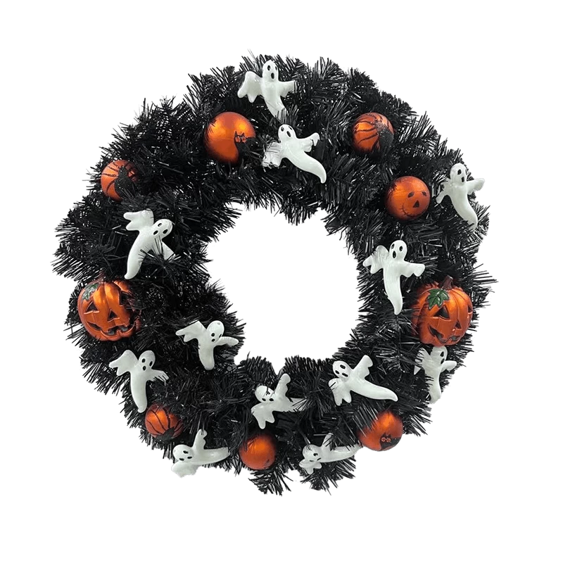 China Senmasine 20Inch Diy Halloween Wreath with White Ghost Orange Pumpkin Spider Cat Pattern Design Baubles manufacturer