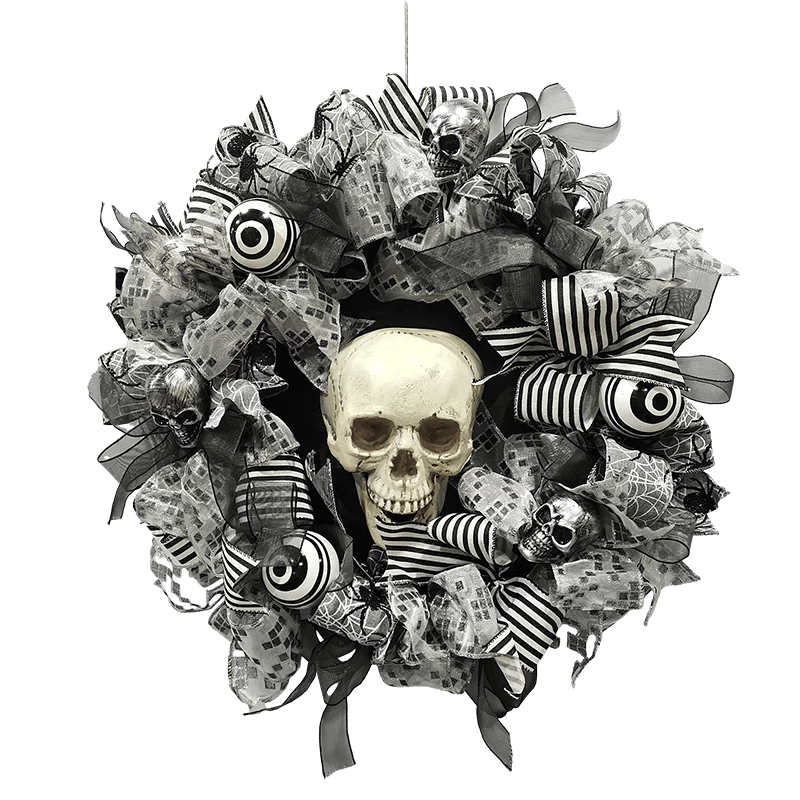 porcelana Corona de calavera de Halloween Senmasine de 24 pulgadas con lazos de cinta negra, adornos para ojos, decoración espeluznante y aterradora fabricante