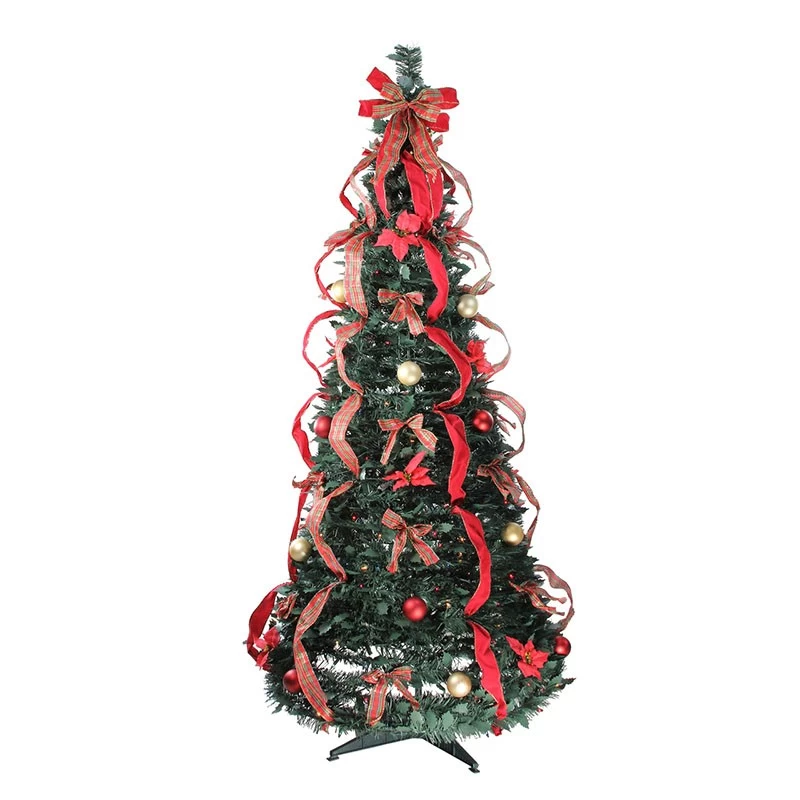 China Senmasine 6' Pre-Lit Artificial xmas trees Pre-Decorated pop-up collapsible christmas tree with lights red ribbon bows manufacturer