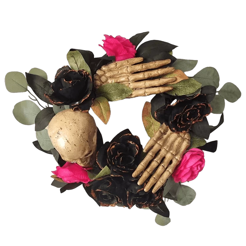 China Senmasine Halloween-Skelett-Handkranz mit schwarzen künstlichen Blättern, Glitzer, schwarze Rose, rote Blume, Hängedekoration für die Haustür Hersteller