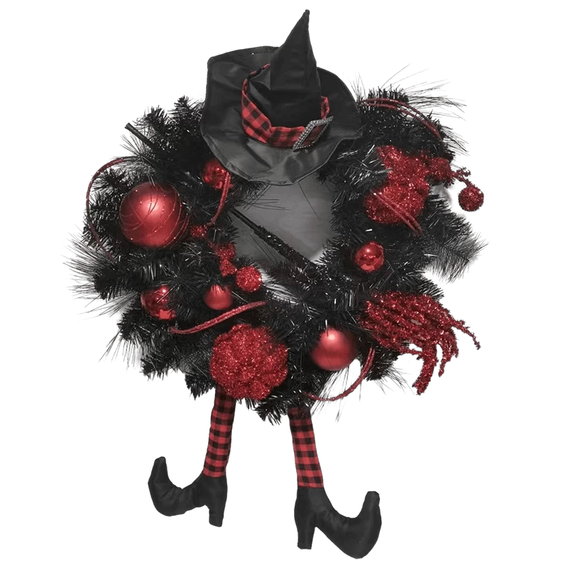 Chine Senmasine Couronne de jambe de sorcière d'Halloween de 61 cm avec boules à paillettes rouges, chapeau de balai de citrouille, décoration à suspendre pour porte d'entrée fabricant