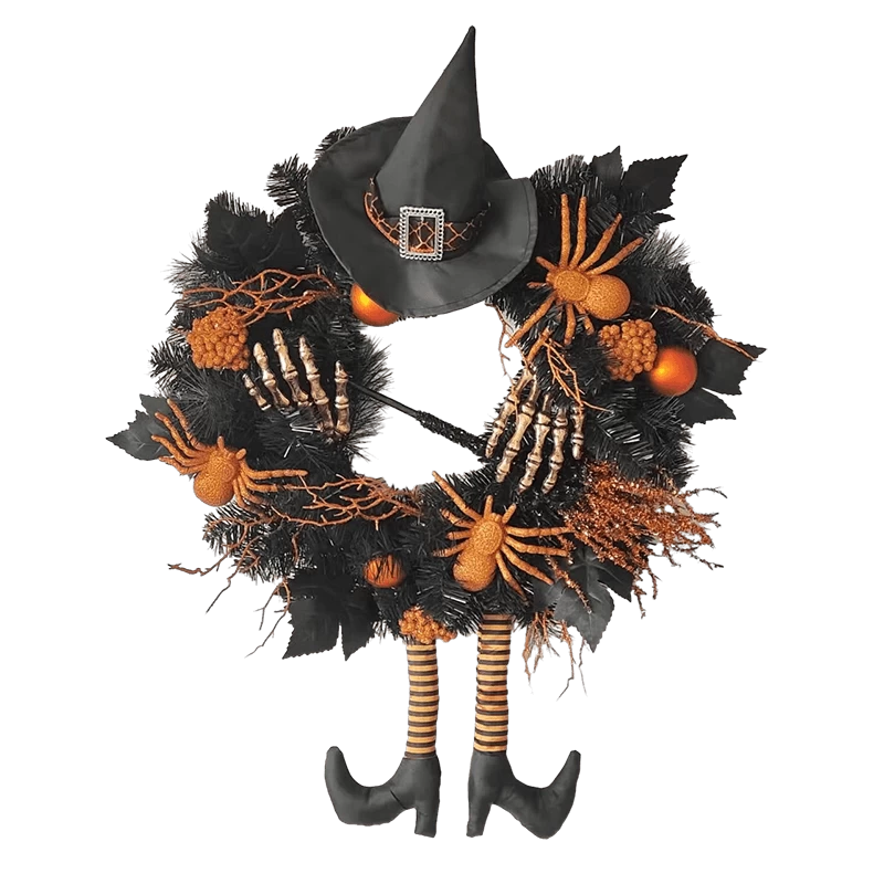 China Senmasine 24 Inch Halloween Legs Wreaths With Baubles Glitter Spider Broom Witch Hat skeleton Hand front Door Decor manufacturer