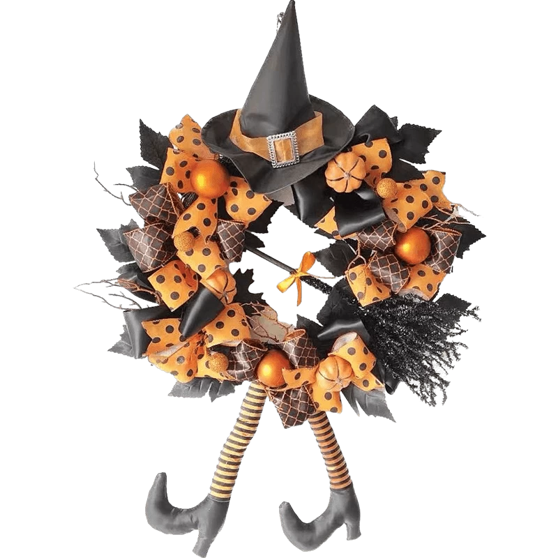 Chine Senmasine – couronne d'halloween de 24 pouces, avec jambes de sorcière, nœuds orange, boules de citrouille, balai à paillettes, décoration de porte d'entrée suspendue fabricant