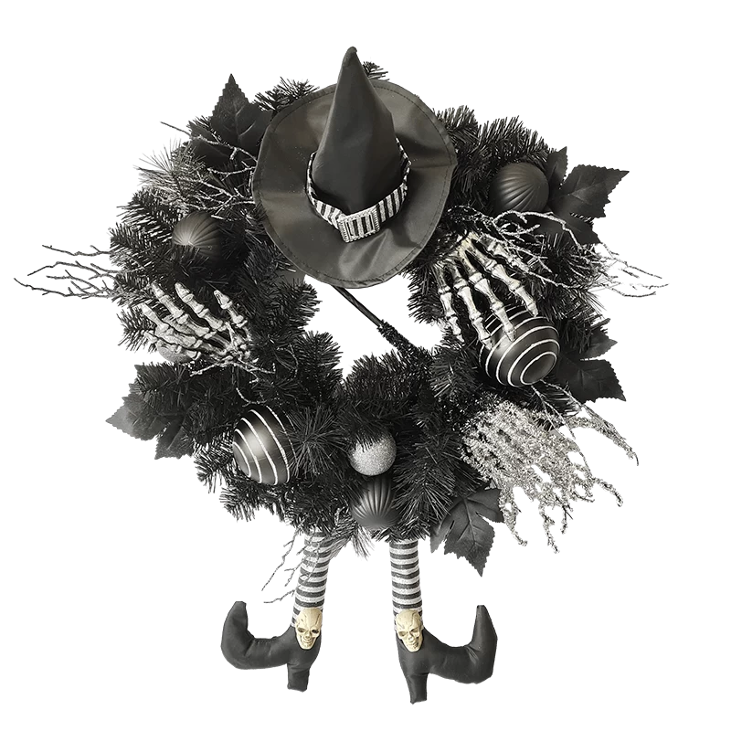 porcelana Senmasine Corona de piernas de bruja de Halloween de 24 pulgadas con sombrero, cabeza de esqueleto de araña, decoración de lazo de escoba con purpurina a mano fabricante