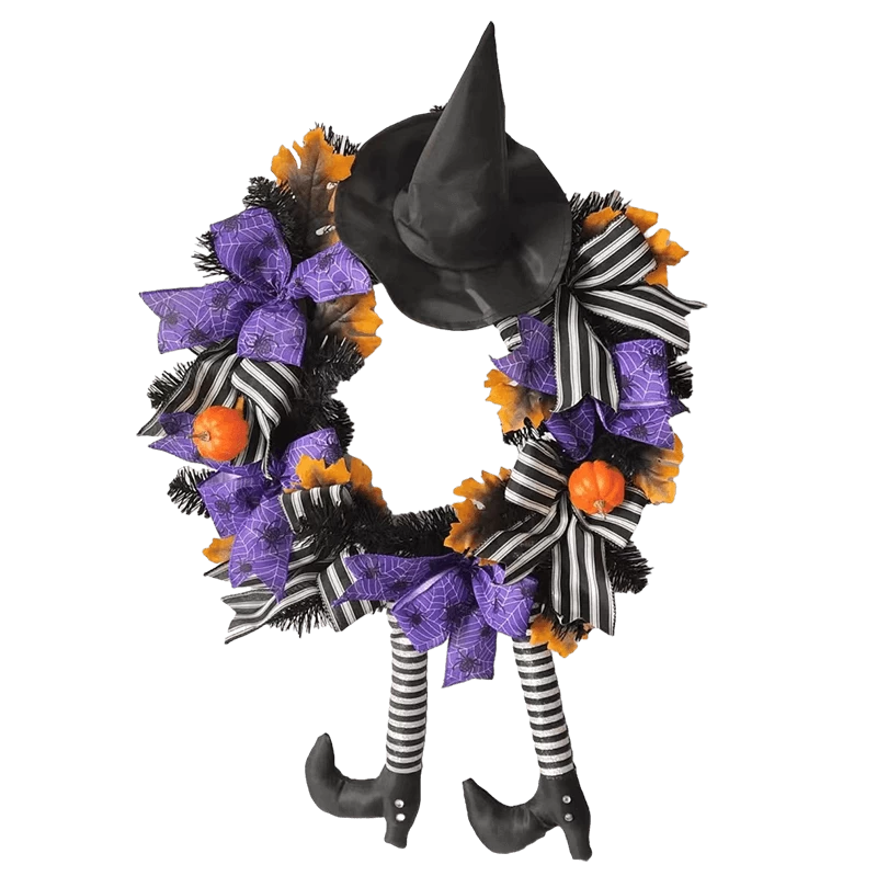 porcelana Senmasine-corona para puerta delantera con patas de bruja de Halloween, 24 pulgadas, con sombrero, Hojas de arce artificiales, lazo con patrón de araña púrpura y calabaza fabricante