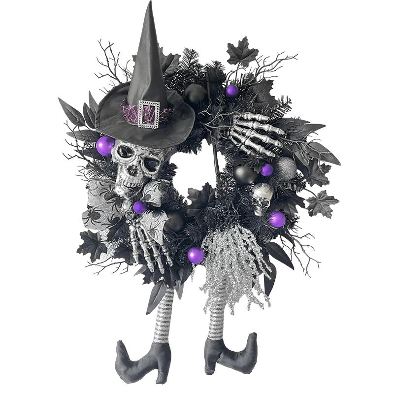 porcelana Senmasine Corona de piernas de bruja de Halloween de 24 pulgadas con lazo de araña Escoba con purpurina Sombrero de mano con cabeza de esqueleto espeluznante y aterrador fabricante