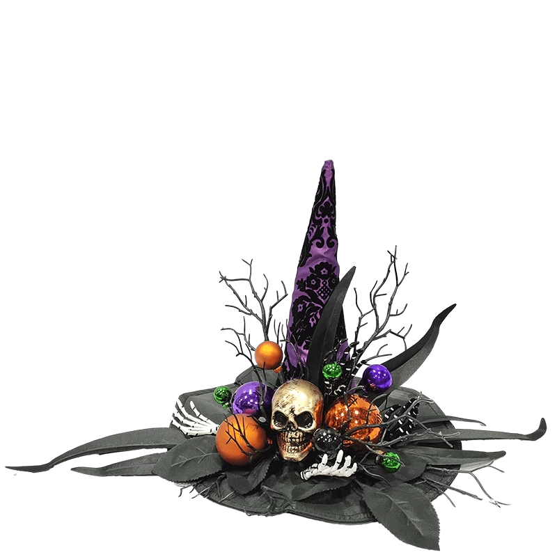 Chine Senmasine Chapeau de Sorcière d'Halloween avec Tête de Squelette Main Feuilles Artificielles Noires Branche Morte fabricant