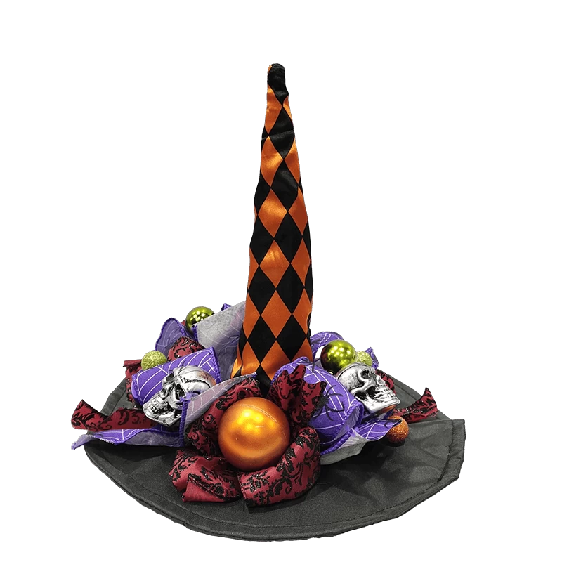 Chiny Senmasine Halloweenowy kapelusz czarownicy z głową szkieletu, brokatową wstążką, kokardkami, upiorna dekoracja stołu producent