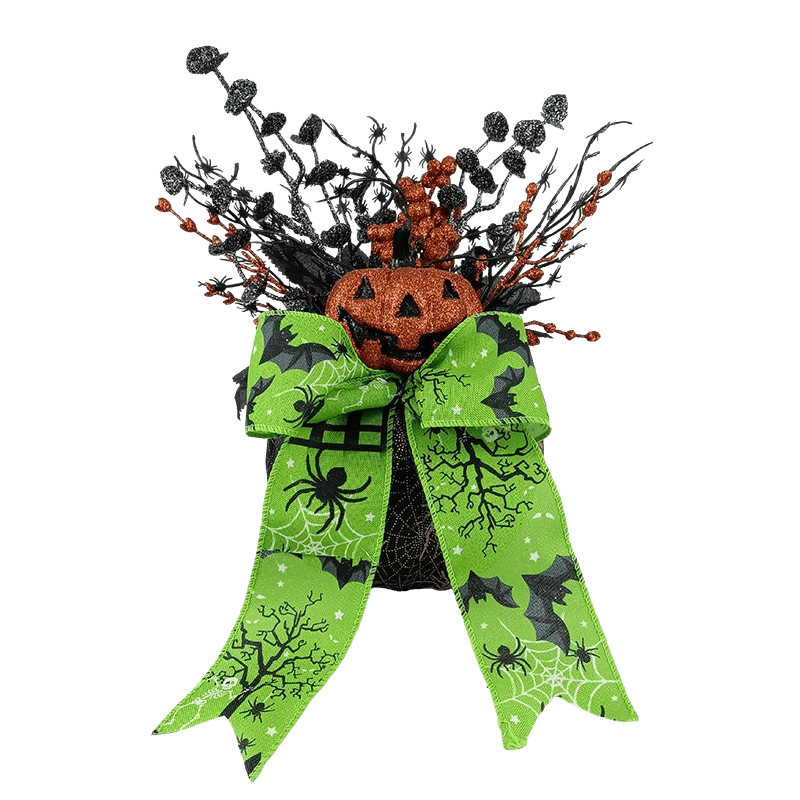 Chine Senmasine Décoration de citrouille d'Halloween avec nœuds de ruban à paillettes, feuilles noires artificielles, branche d'araignée fabricant