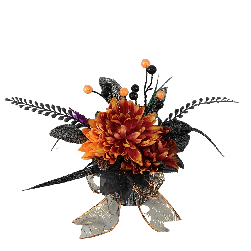 Китай Сенмасине Черная тыква на Хэллоуин с искусственными черными листьями, веткой, мини-пауком, блестящими оранжевыми ягодами производителя