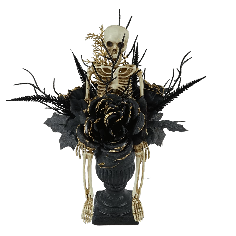 China Senmasine Halloween-Totenkopf-Dekoration mit Skelett-Glitzer, schwarzer toter Zweig, künstliche große Rosenblumen Hersteller