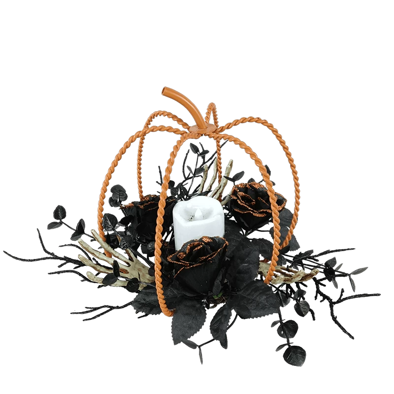 China Senmasine Halloween Candle Holder With Skeleton Heads Hand Black Dead Branches Artificial Leaves Rose Flowers manufacturer