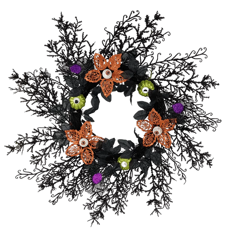 China Senmasine 26 Zoll Halloween-Kranz für die Haustür zum Aufhängen, Dekoration, schwarzer Zweig, künstliche Blätter, gruselige Augen, Blumen, Kürbis Hersteller