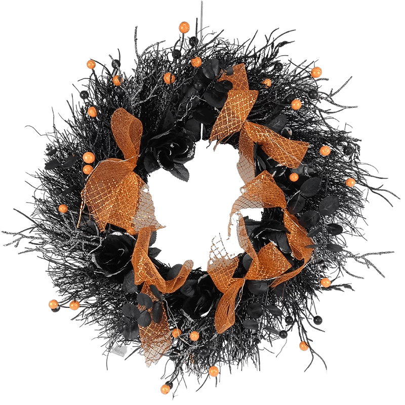 Chine Senmasine – couronne de roses artificielles noires, 22 pouces, pour Halloween, fleurs, branches mortes, feuilles, nœud en ruban Orange fabricant