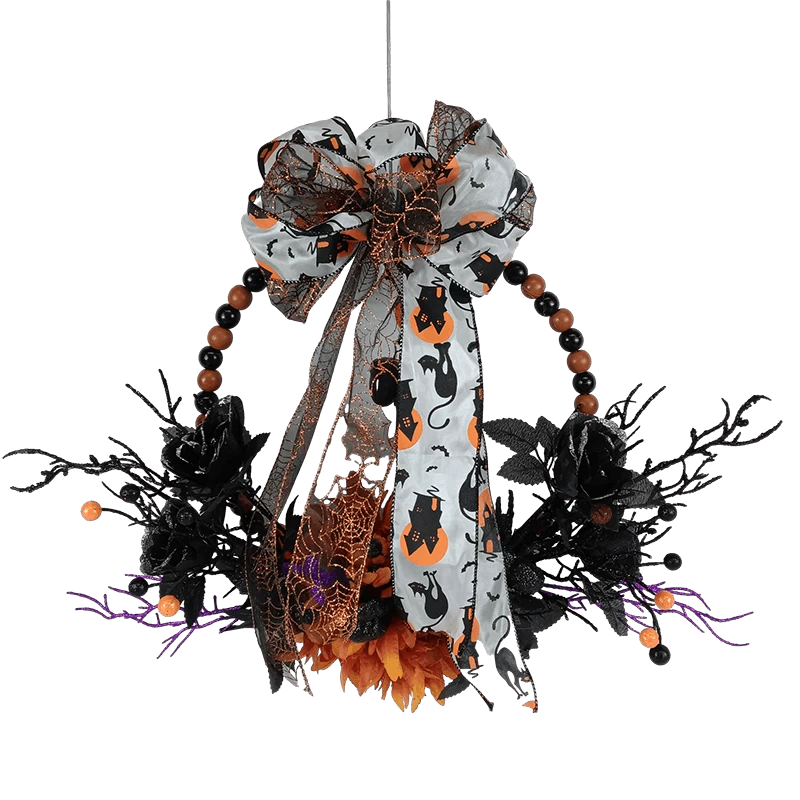 Cina Senmasine Ghirlanda di perline di Halloween da 20 pollici con fiori artificiali Fiocchi di nastro rosa Ramo morto viola nero produttore
