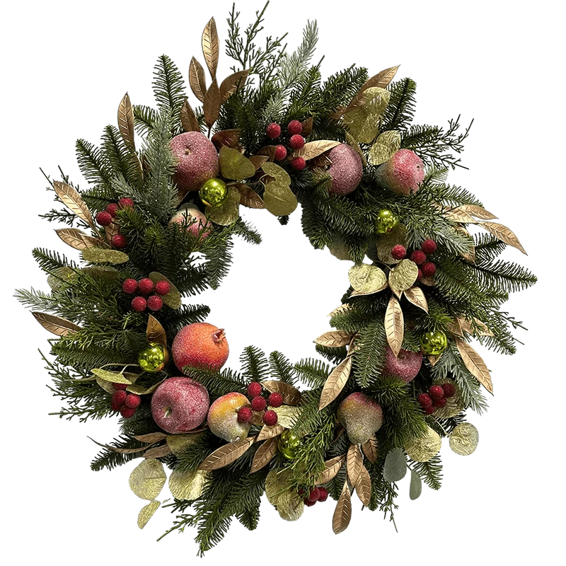 porcelana Corona de frutas navideñas Senmasine de 26 pulgadas con hojas doradas de frutos rojos, rama de aguja de pino, decoración colgante para puerta delantera fabricante