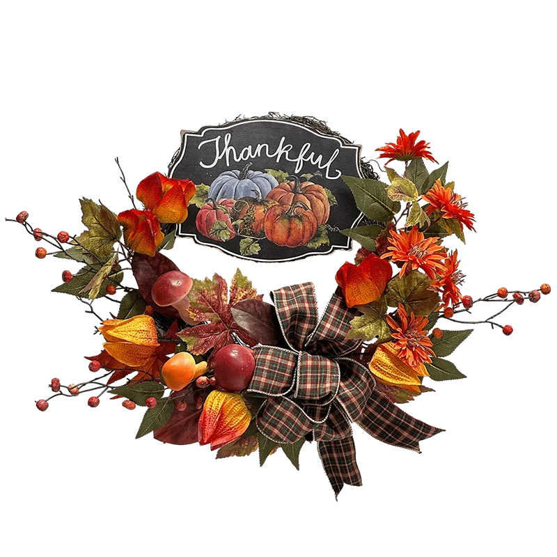 Chine Senmasine – couronne de Thanksgiving d'automne de 24 pouces, avec signe de remerciement, fleurs artificielles en forme de champignons, nœuds, baies de récolte d'automne fabricant