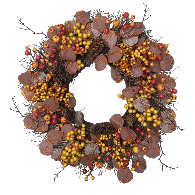 porcelana Senmasine-corona de otoño de eucalipto Artificial, 22 pulgadas, con bayas rojas, piña, decoración colgante para cosecha de otoño fabricante