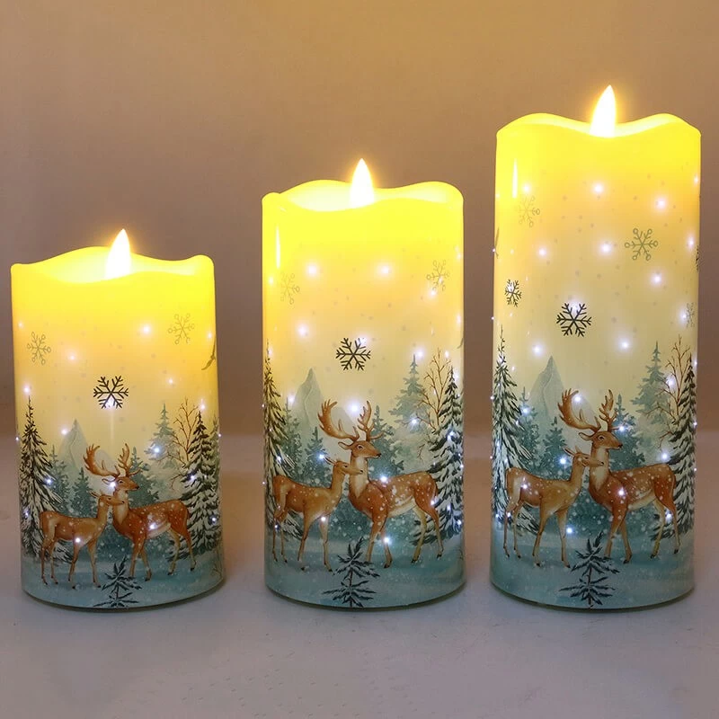 China Senmasine Flameless Led Candle Set Printing Flowers Deer Pattern manufacturer