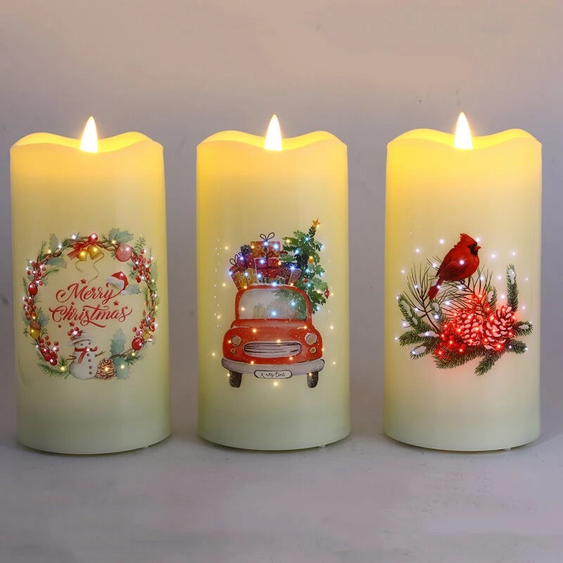 China Senmasine Flickering Led Candles Printing Red Bird Car Flower Wreath Pattern Bullet Lamp Head manufacturer