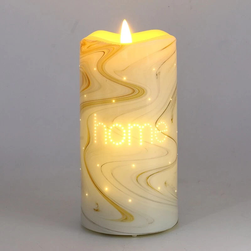 China Senmasine flammenlose Echtwachs-LED-Kerzen, 7,5 x 15 cm, Kugellampenkopf, Kerzendruck, Buchstabenmuster Hersteller