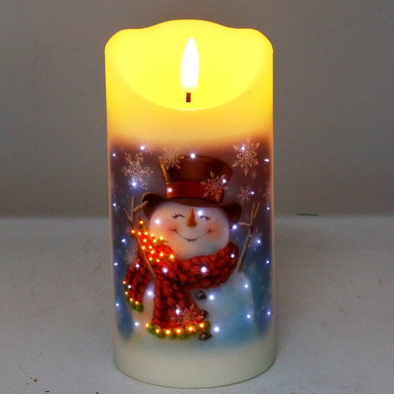 China Senmasine 7.5*15cm Wax Fiber Optic Flickering Candles Print Christmas Tree Snowman Pattern Flameless Led Christmas Candle manufacturer