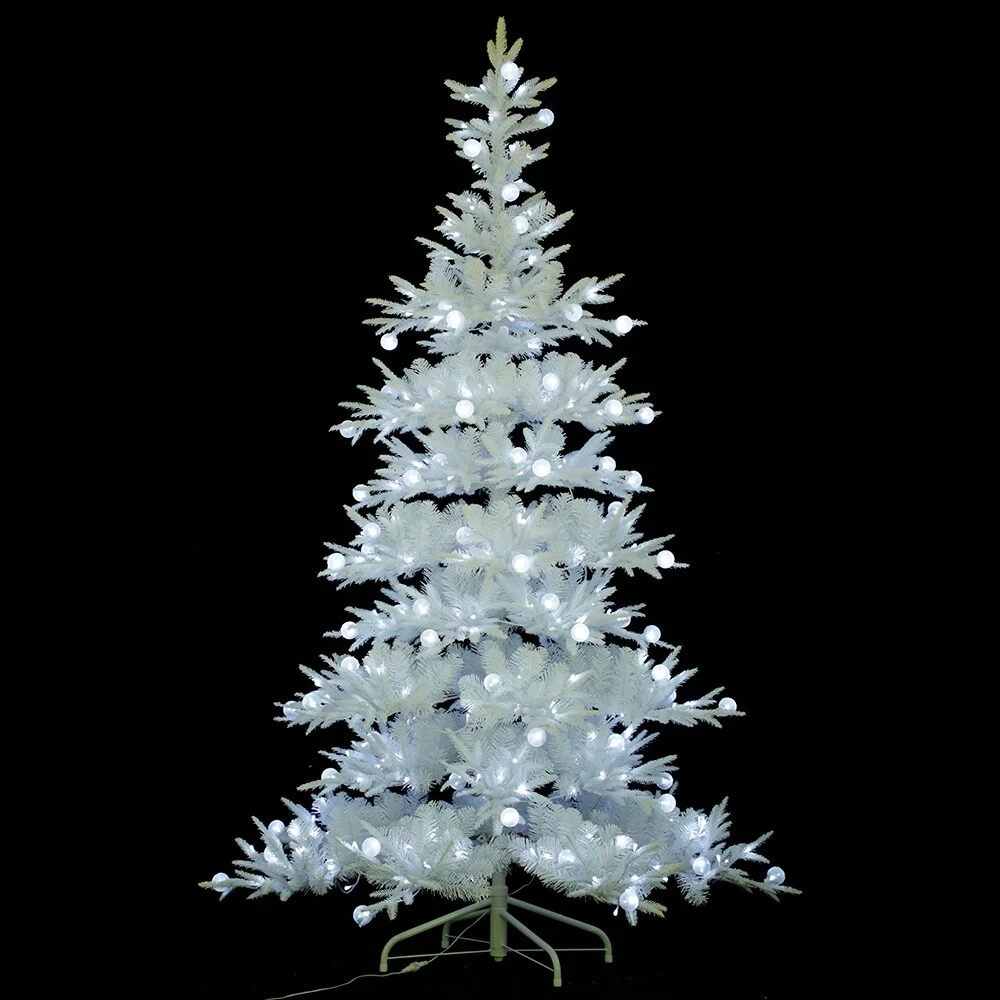 China Senmasine beflockter Weihnachtsbaum mit zweifarbigen LED-Blasenlichtern, weiße künstliche PE-PVC-Außendekoration Hersteller