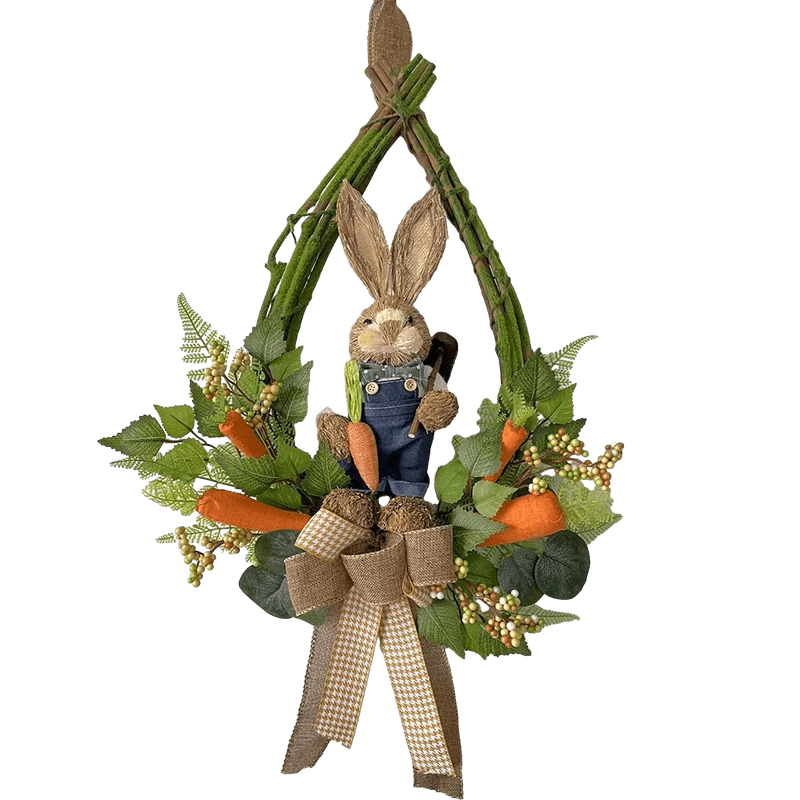 porcelana Corona de conejo de Pascua Senmasine con hojas artificiales, lazos de cinta de zanahoria, conejito de 16 pulgadas, 20 pulgadas, 24 pulgadas y 26 pulgadas fabricante
