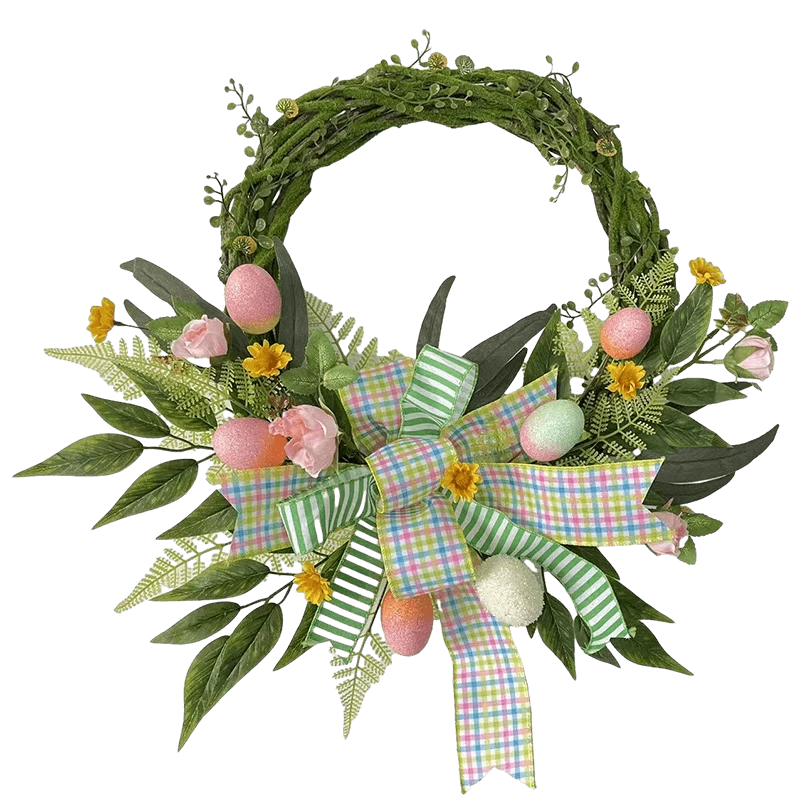porcelana Corona decorativa de Pascua Senmasine para puerta delantera, huevos mezclados, hojas artificiales, cinta de flores, zanahoria, 22 pulgadas y 24 pulgadas fabricante