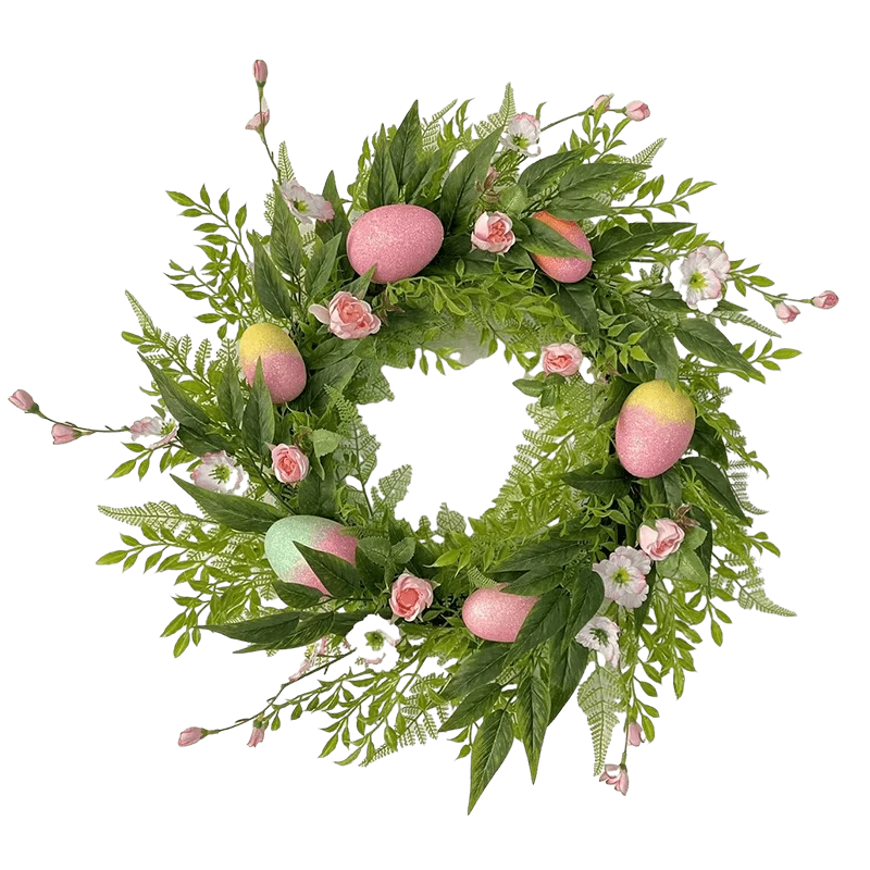 Chine Senmasine – couronne de pâques artificielle, 22 pouces, 24 pouces, avec œufs colorés, fleurs de lapin, feuilles vertes, décoration fabricant