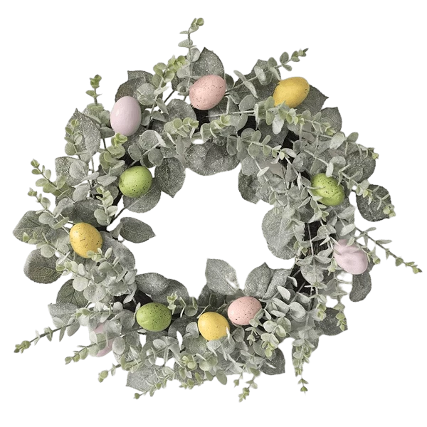 China Senmasine Künstlicher Osterkranz mit Kaninchen, bunten Eiern, grünen Blättern, Dekoration, Frühlingskränze, 55,9 cm, 61 cm Hersteller