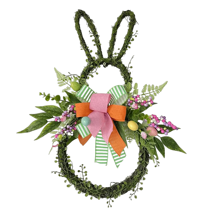 porcelana Corona de conejito de Pascua Senmasine con huevos, conejo, lazos de cinta coloridos, flores artificiales, decoración de hojas fabricante