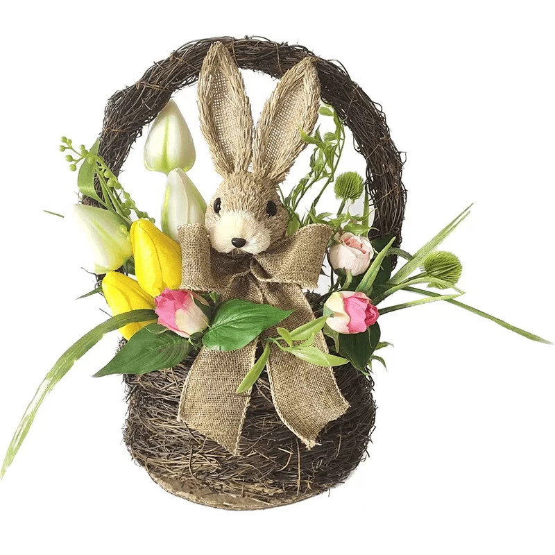 Китай Сенмасине пасхальное украшение с бантиками, смешанный кролик, пластиковое яйцо, искусственные листья, корзина с горшечными растениями производителя