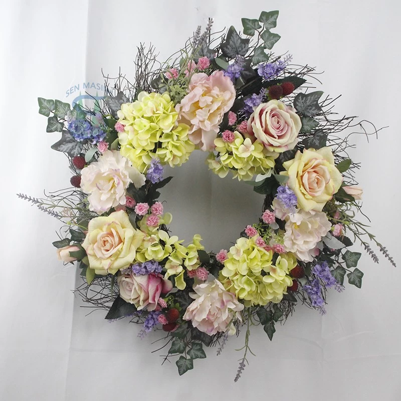 China Senmasine 22inch spring flower door wreath with artificial hydrangea rose Floral mixed leaves wall hanging decor manufacturer
