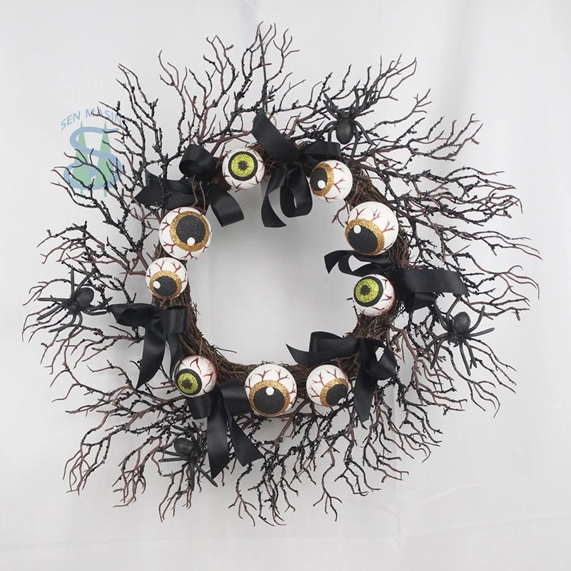 Chine Senmasine – couronne de branches noires d'halloween de 24 pouces, avec yeux, ornements pour porte d'entrée, décoration suspendue pour fête fabricant