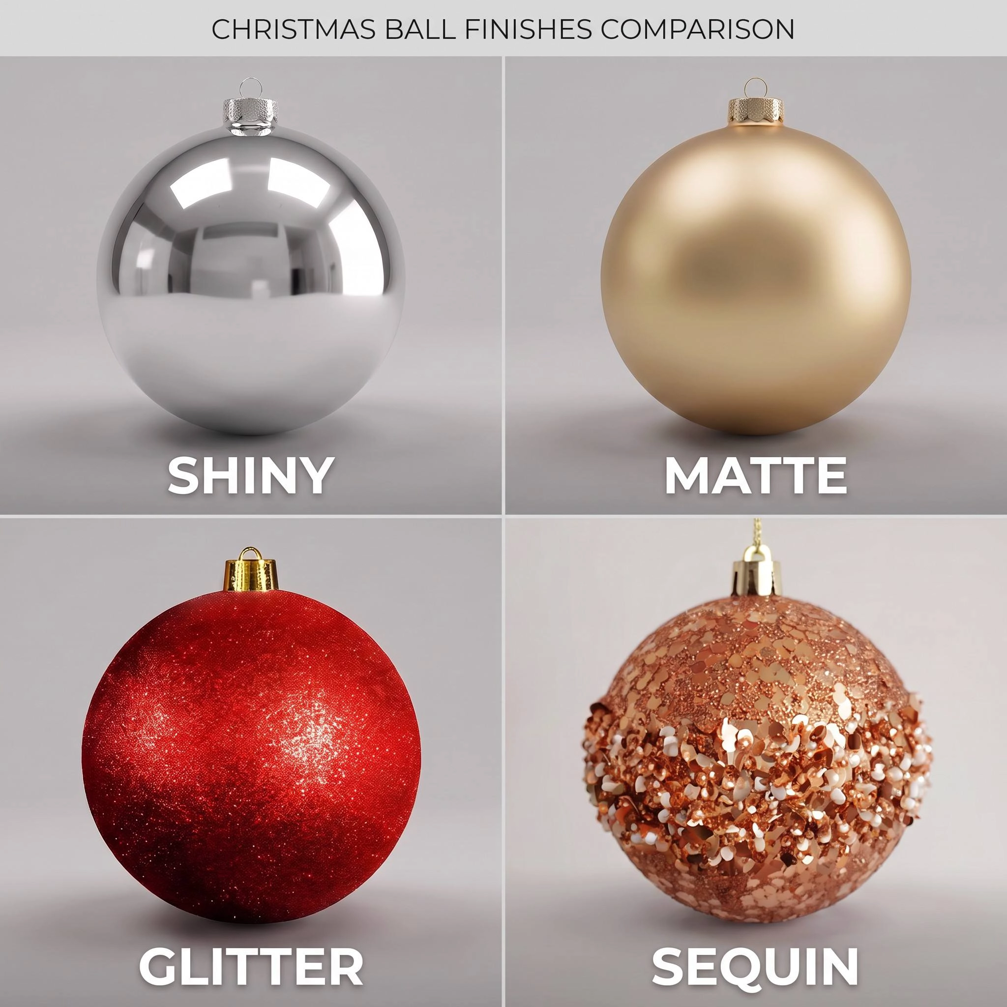 Guía de acabados de adornos de bolas navideñas: brillante, mate, brillante, perlado, esmerilado y más