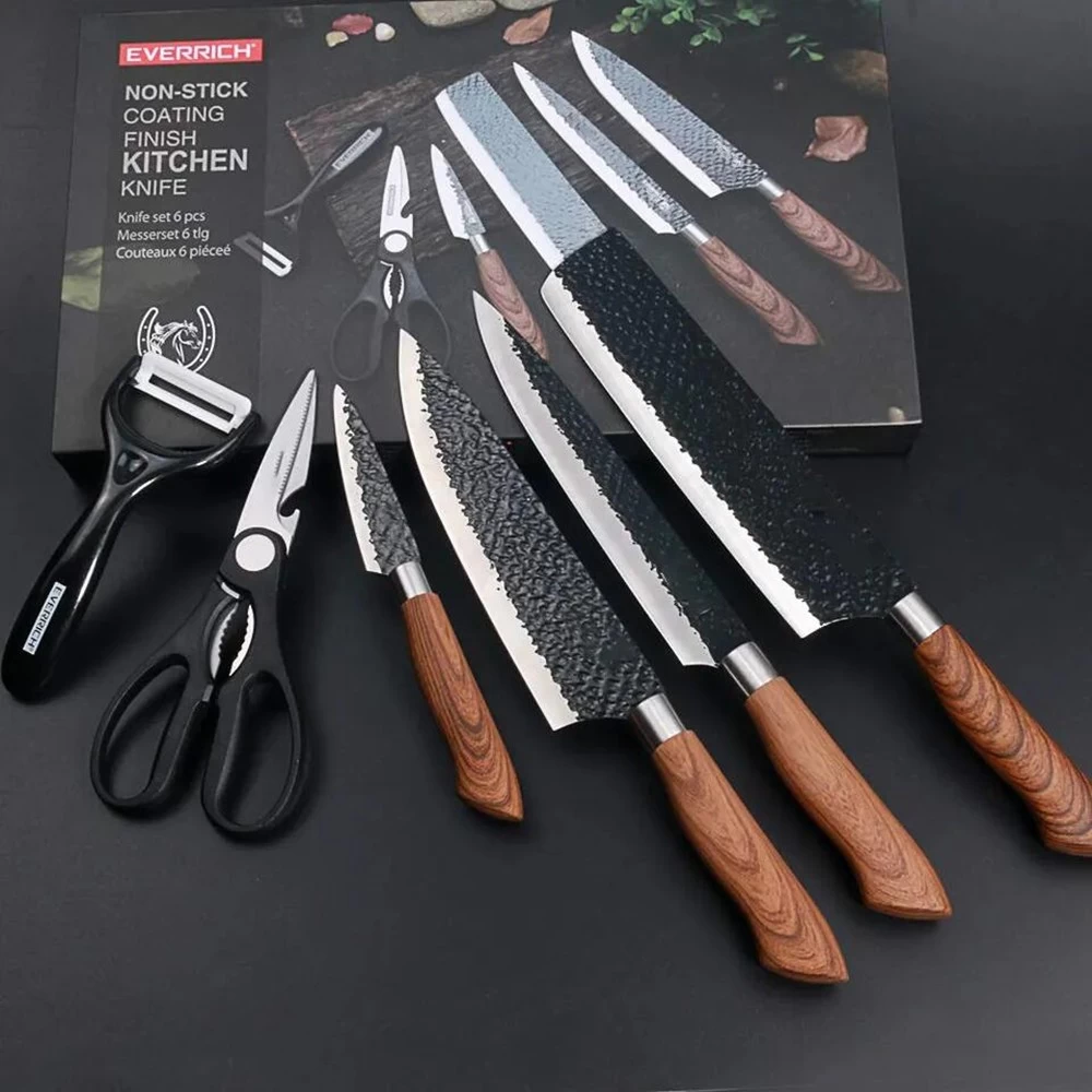 China 6pcs stainless steel kitchen knife set black nonstick forged knives manufacturer manufacturer