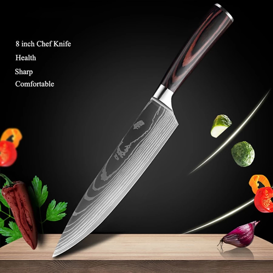 Chef Knife 8 inch Professional Kitchen Knives Stainless Steel Laser Sanding  Damascus Pattern Cooking Tools Pakka Wood Handle - Yashka Designs