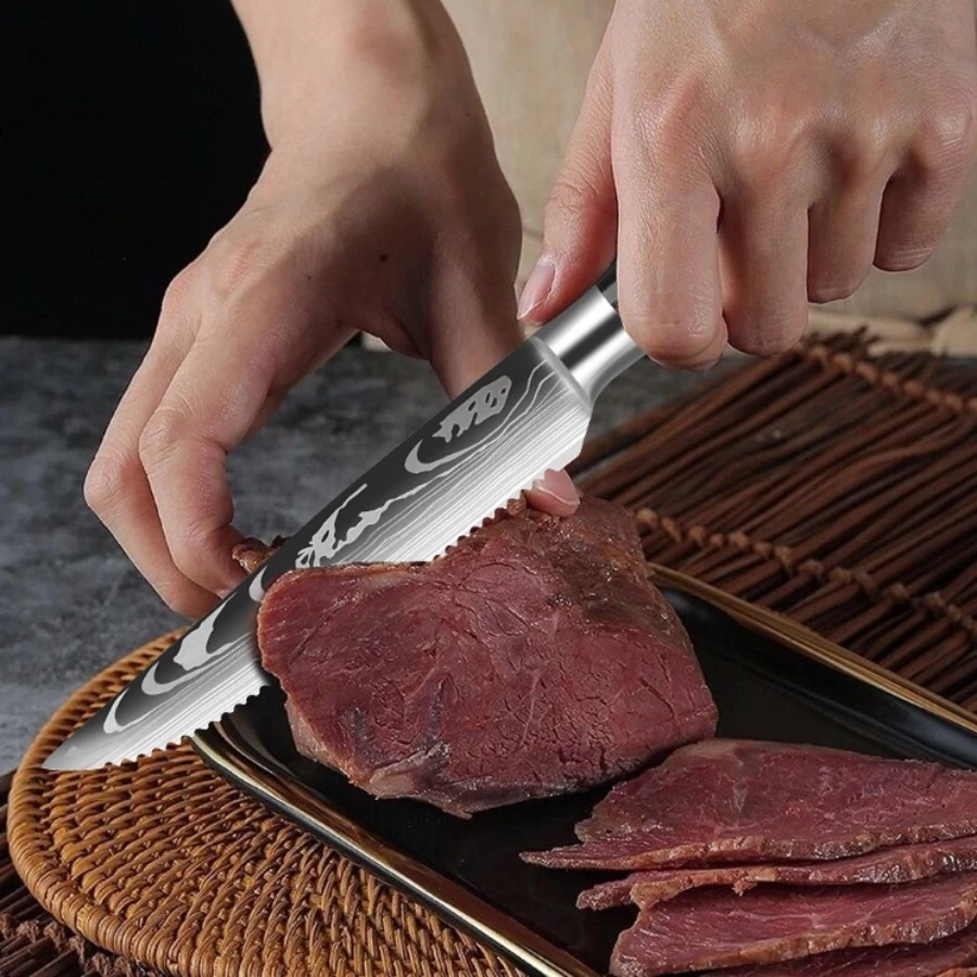 6Pcs Steak Knife Set Damascus Pattern Stainless Steel Cleaver Kitchen Chef  Knife