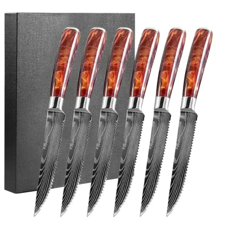 China Kundenspezifische Damaskus-Mustermesser mit Harzgriff, 6-teiliges Steakmesser-Set, Hersteller Hersteller