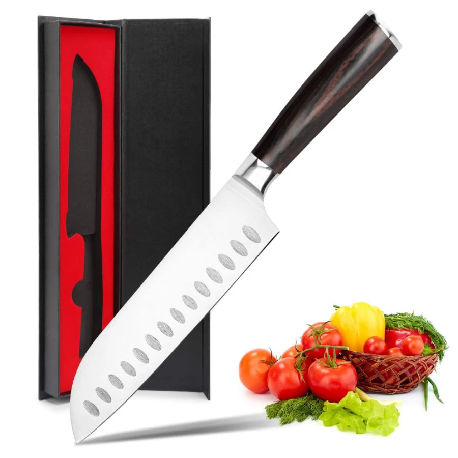 China Faca Santoku de aço inoxidável com lâmina ultra afiada de 7 polegadas de venda quente fabricante