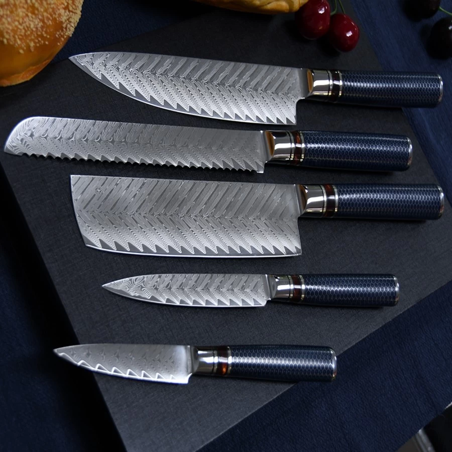 China 5PCS visgraatpatroon Damascus stalen keukenmes met aluminium honingraathars handvat fabrikant