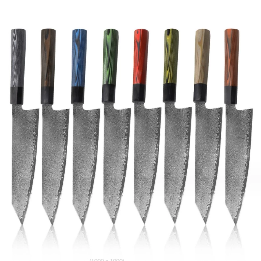 Kina Kina fabrikk 67 lags damaskus kokkekniv kiritsuke kniver med farget trehåndtak produsent