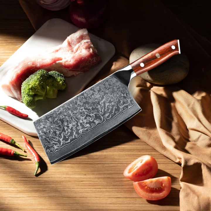 porcelana Cuchillo rebanador Cleaver VG10, cuchillos de cocina damasco con color madera a la venta fabricante